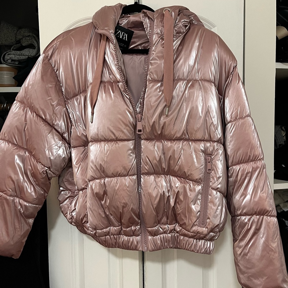 Zara metallic pink puffer jacket